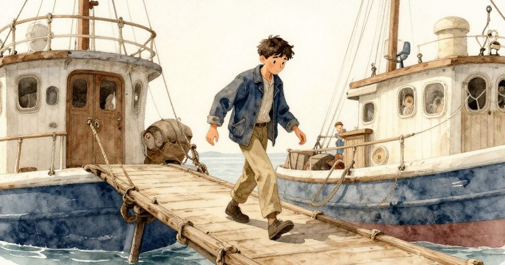 科爾踏上破舊船隻入口，臉上帶著期待與好奇，背景展示經典木質碼頭與柔和日光。