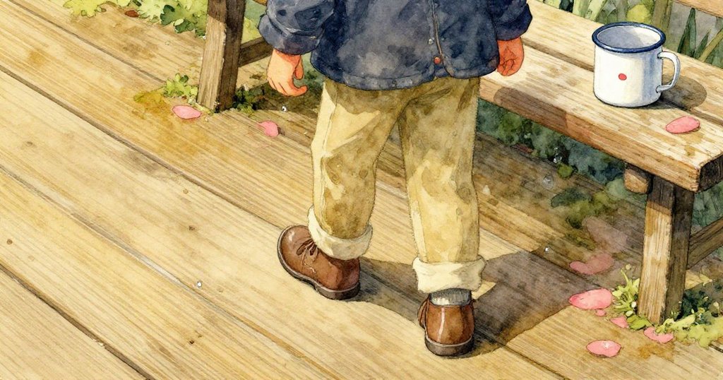 科爾行走在老舊甲板上，一雙堅實靴子踏出足跡，背景中有一只倒放琺瑯杯，洋溢著神秘氛圍。