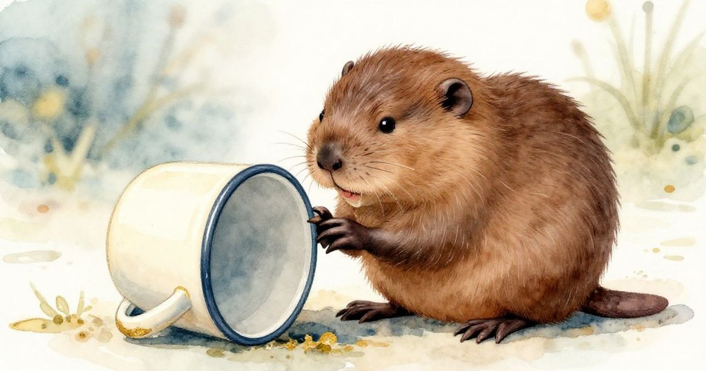 一隻毛茸茸的小水田鼠注視著倒置琺瑯杯和杯上散落的種子，牠正小心梳理鬚毛，目光充滿好奇。