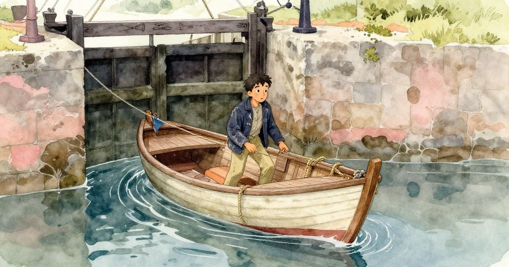 在石砌水閘前，船隻輕微擺動，科爾緊握繩索站立，背景中水面波光粼粼與朦朧霧氣營造出神秘緊張。