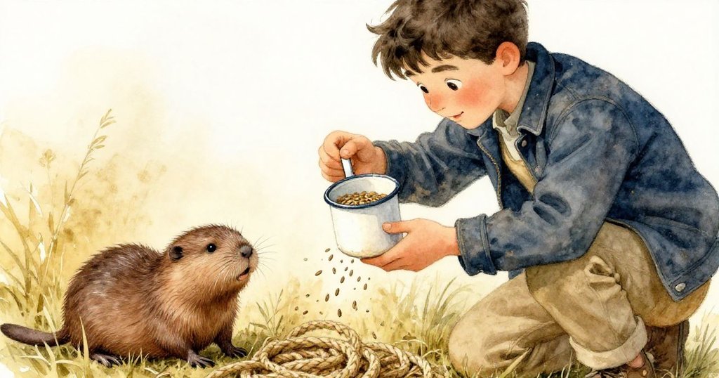 科爾蹲下小心端起琺瑯杯，杯中種子飛舞，隱藏中小水田鼠探出頭來，畫面充滿緊張與好奇交織的情感。