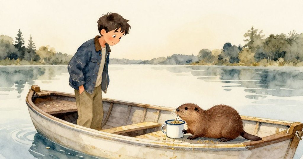 科爾靜靜站在船旁，看著水田鼠探索滿是種子的琺瑯杯，整個場景在柔和暮光中流露出寧靜與和諧。