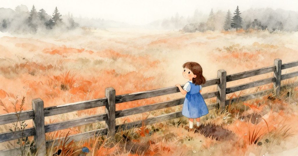 Viola站在老舊圍欄上,俯瞰迷霧中濕潤草地,小青蛙靜臥露珠旁,畫面透出探索與神秘氣息。