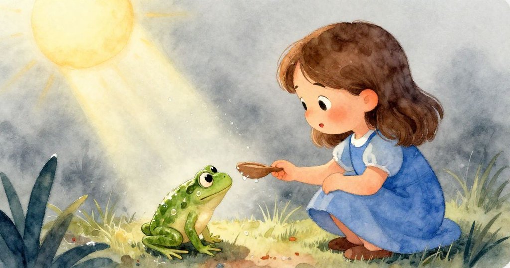 從Viola背後望去,她蹲下輕輕拂去青蛙背上露珠,陽光破霧映出糖光,臉上流露驚奇和細膩情感。