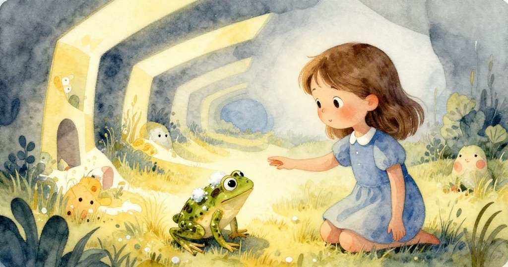 Viola與青蛙置身夢幻彎曲草原,空間扭曲呈超現實結構,青蛙糖光閃爍,景致充滿神秘與魔法氣息。