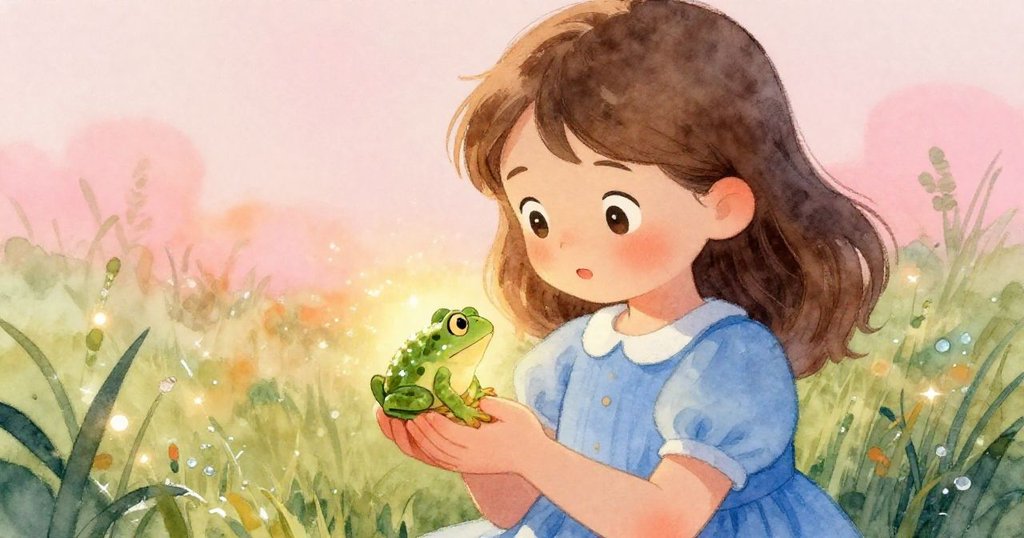 Viola溫柔捧著糖光閃閃的青蛙,背景日落霧繞微光閃爍,畫面靜謐中透露著無限遐想與溫暖新生。