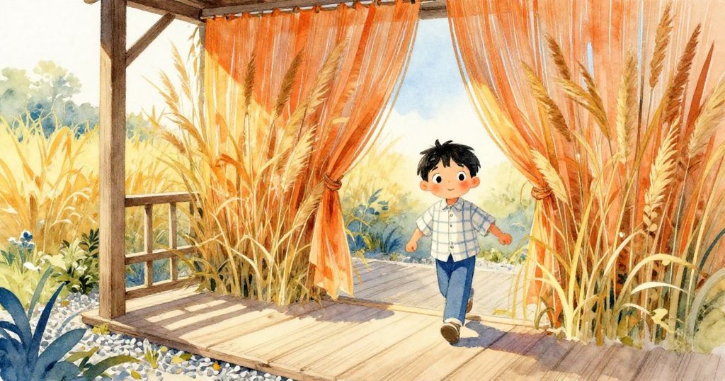 Cole 跨出門檻進入充滿溫暖陽光的露臺,碎石花園展現細膩紋理,臉上流露出期待與堅定