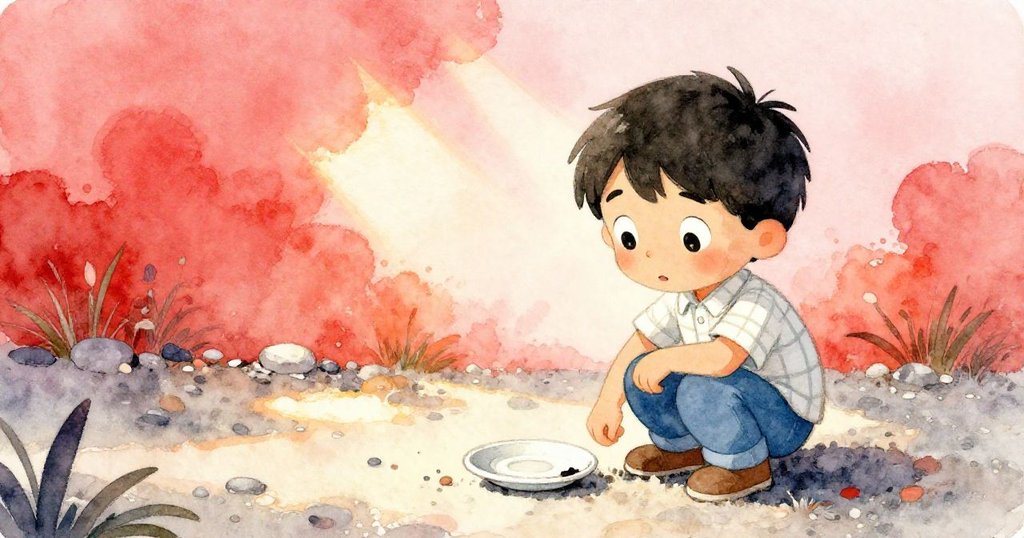 Cole 蹲伏於碎石隱秘角落,近觀破損盤子下隱藏光線揭示秘密,心情充滿好奇