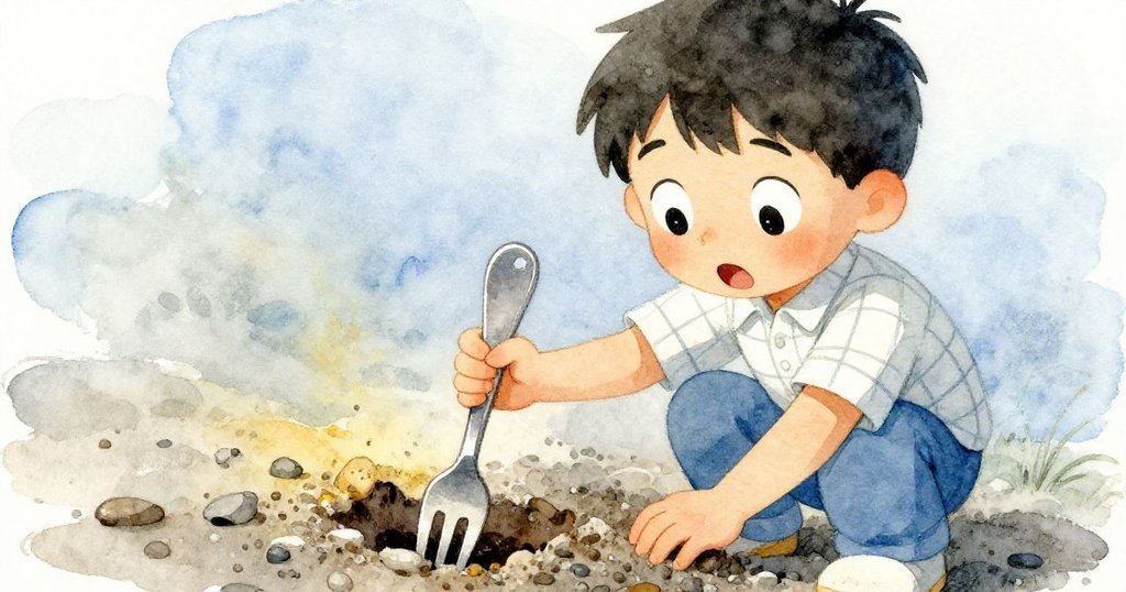 Cole 驚訝發現彎曲銀叉,細心掃去碎石揭露金屬光澤,表情充滿驚奇與好奇