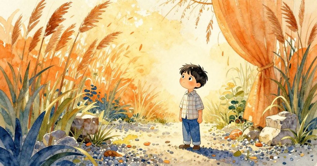 Cole 站立回望整理碎石花園,隱藏銀叉象徵故事餘韻,光影交錯展現寧靜與反思