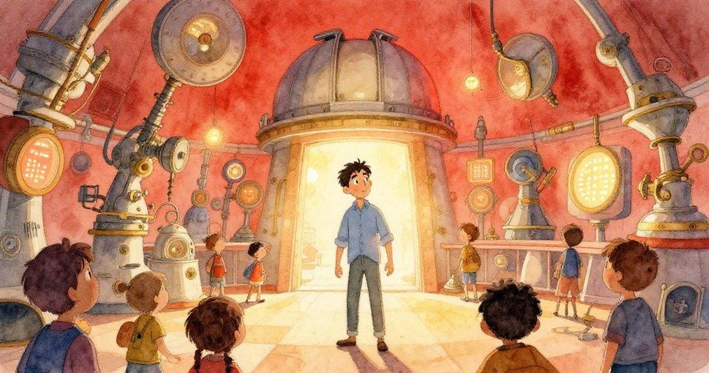 Glen在忙碌的觀測室中穿梭,與各種發光儀器互動,神情充滿好奇與活力,溫暖紅燈映襯四周。