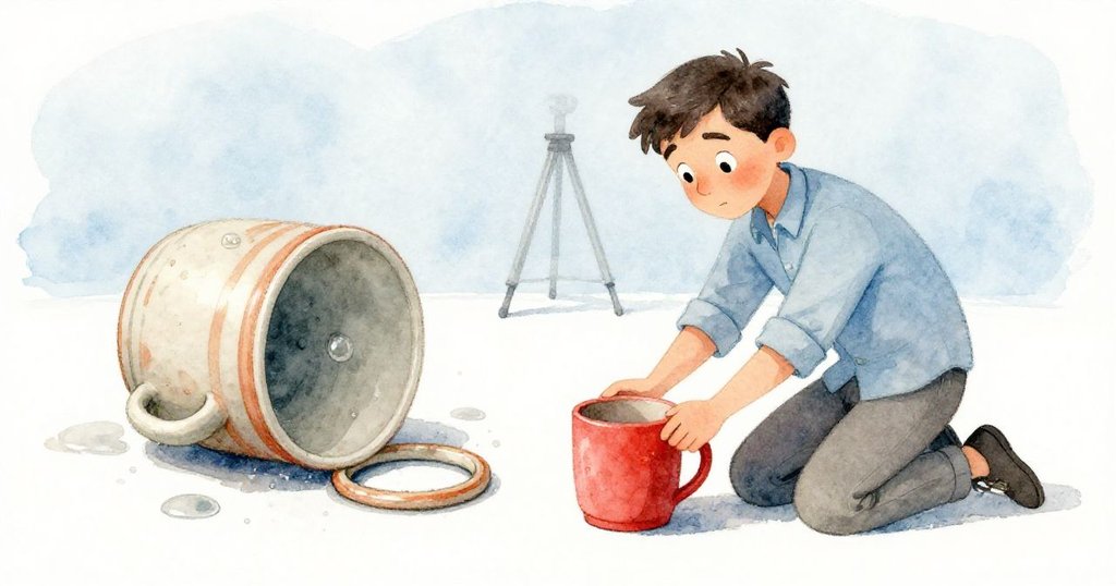 Glen彎腰扶正橫倒瓷杯,與倒移的三腳架形成分割畫面,細膩表現事故前後變化,情緒專注。