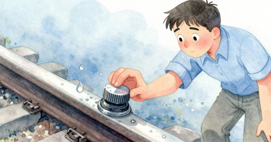 Glen專注轉動儀表旋鈕,手上水滴在鋼軌上反射藍光,彷如置身水下夢幻情境,神情堅定。