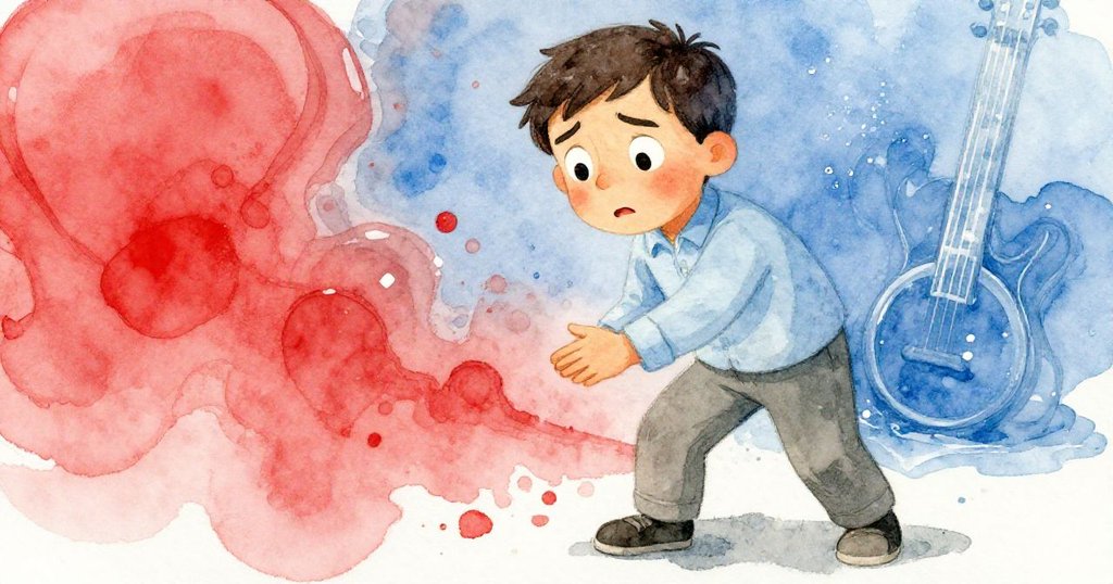 Glen面露緊張與掙扎,凝視儀器背景中微妙流動的冷藍光,手勢猶豫於清理灑液與繼續對準目標間。