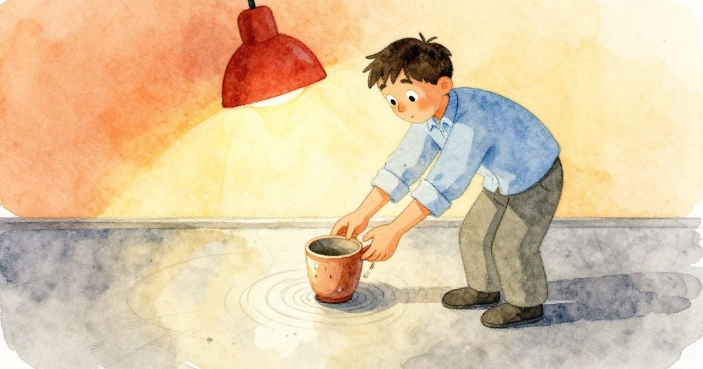 Glen微笑將瓷杯安置於冰冷金屬環中,紅燈低照刻劃細微痕跡,展現經歷試煉後平靜與圓滿的結局。