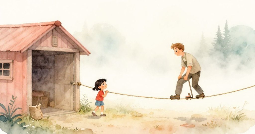 皮亞在晨霧中站在舊棚口,注視著歐文逆行操作繩索,光線柔和,環境透露探索初始的神秘與期待。