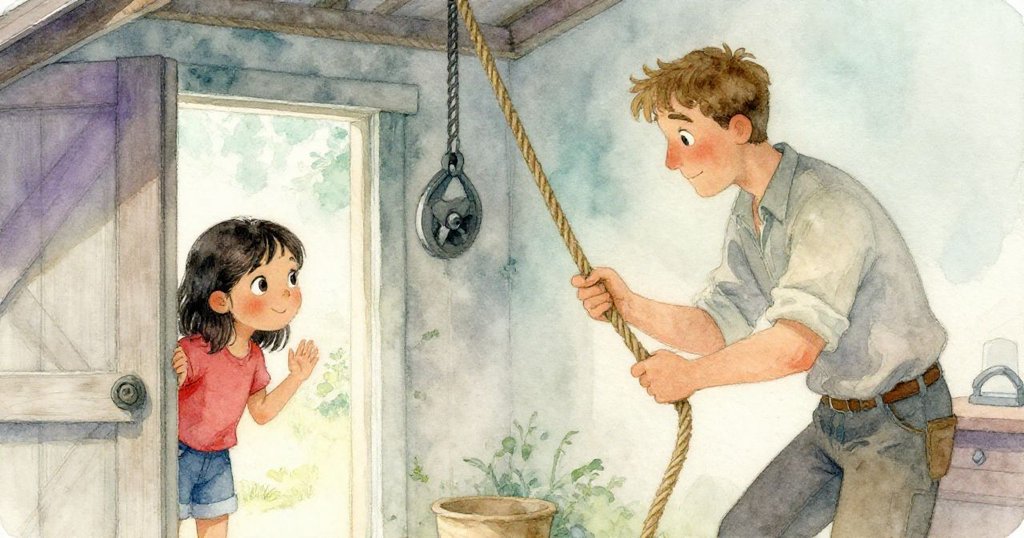 皮亞從微掩的門縫中觀察歐文專注操作繩索,棚內脈絡清晰,展現出細膩探索與驚奇的情感。