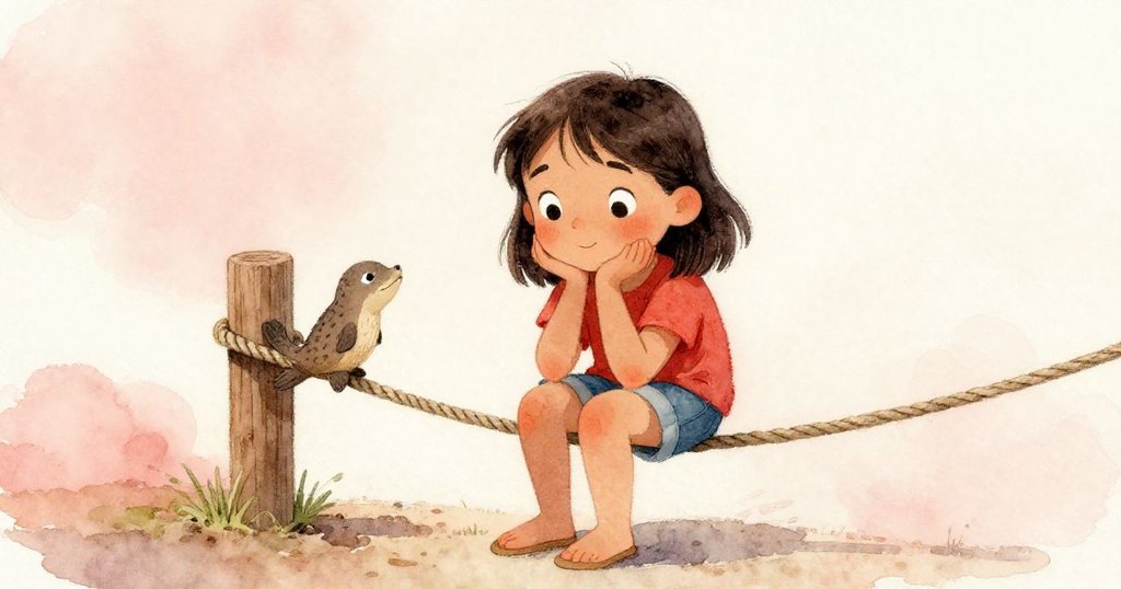 皮亞在繩索中段停步,手持小鴨嘴獸雕像凝思,背景中木樁異樣呈現轉捩點,情感深沉且期待。