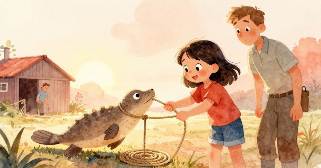 皮亞在夕陽熾金光輝中完成最後繩圈,將小鴨嘴獸擺上木樁,歐文點頭示意,場景充滿喜悅與成就。