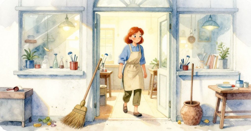 Delia走進工坊，柔和晨光映照，專注看著橫放在門前的掃帚，舊工坊內展現溫暖與寧靜氛圍。