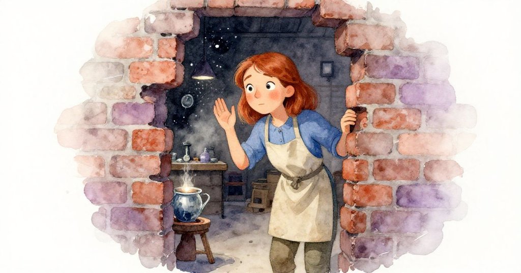 Delia透過磚牆縫隙窺視沉靜爐區，眼中流露著好奇與沉思，細微浮塵在茶燈光下閃爍，神秘工坊角落展現靜謐情調。