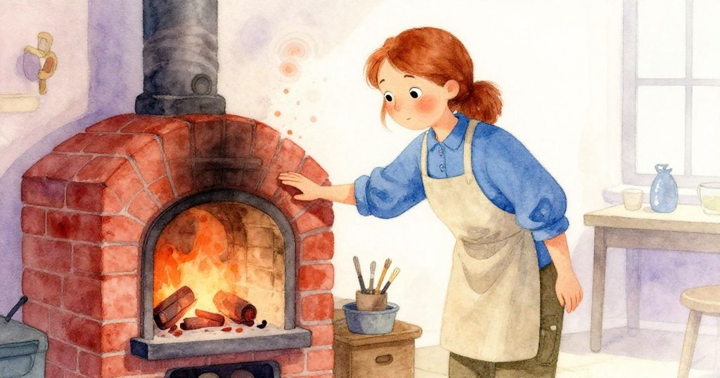 Delia輕撫著刻有橙色痕跡的磚砌爐門，手勢溫柔展現秋意回憶，周圍塵埃與茶燈光交織出懷舊氣氛。