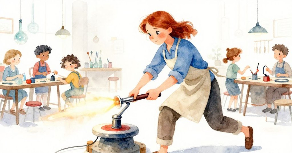 Delia神情專注迅速調整演練管，動作果斷，工作台上工具零散展示工坊忙碌與追逐時刻。