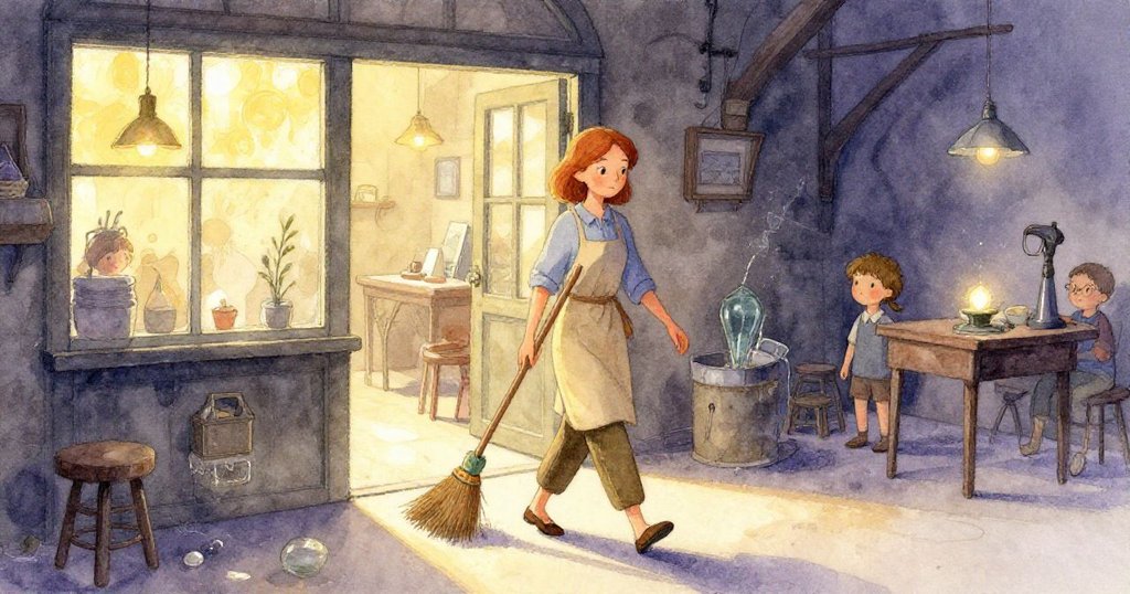 Delia整理掃帚後轉身朝出口走去，背影中留存著堅定與沉思，茶燈微光與滴水聲營造故事延續氛圍。