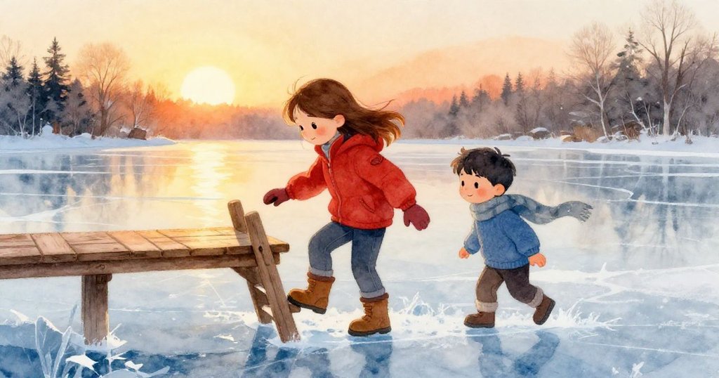 June 踏上冰面，Theo 緊跟在後，木梯、冰湖和晨光交織出溫馨而開啟冒險的情節