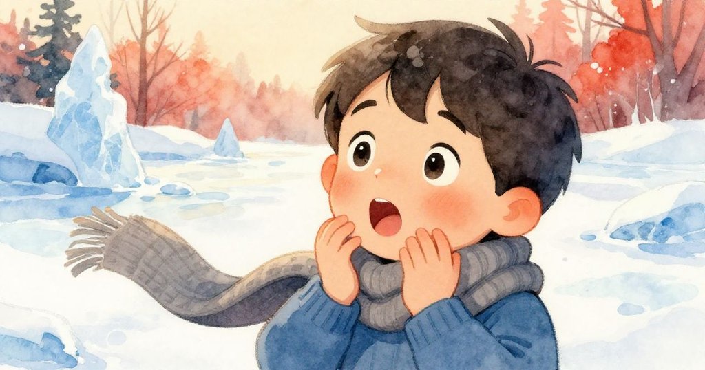 Theo 眼神充滿好奇與期待，聚焦在閃爍光澤的冰面上，暖色燈光襯托出他興奮的情緒