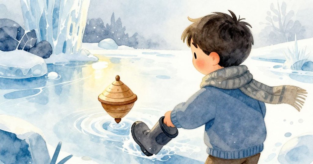 Theo 從背後出現，清整冰面並使木製陀螺旋轉，展現探索與遊戲的動態情節