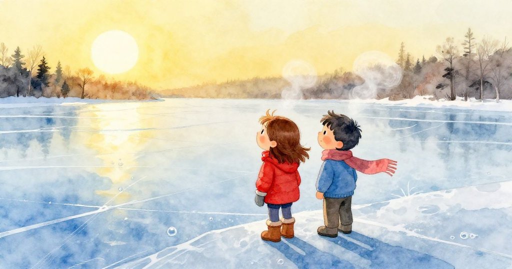 太陽高懸，冰面上銀帶閃爍，June 與 Theo 注視著冰上細紋與飄動的蒸氣，時間逐漸流逝