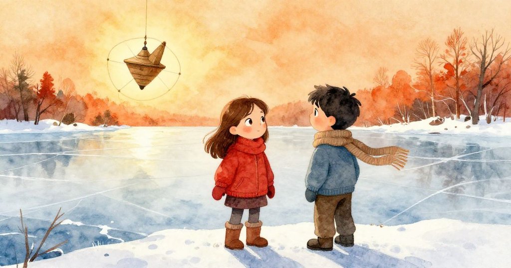 June 與 Theo 站在細小的雪嶺旁，用堅定眼神互視，準備調整旋轉的木陀螺，標記冒險起點