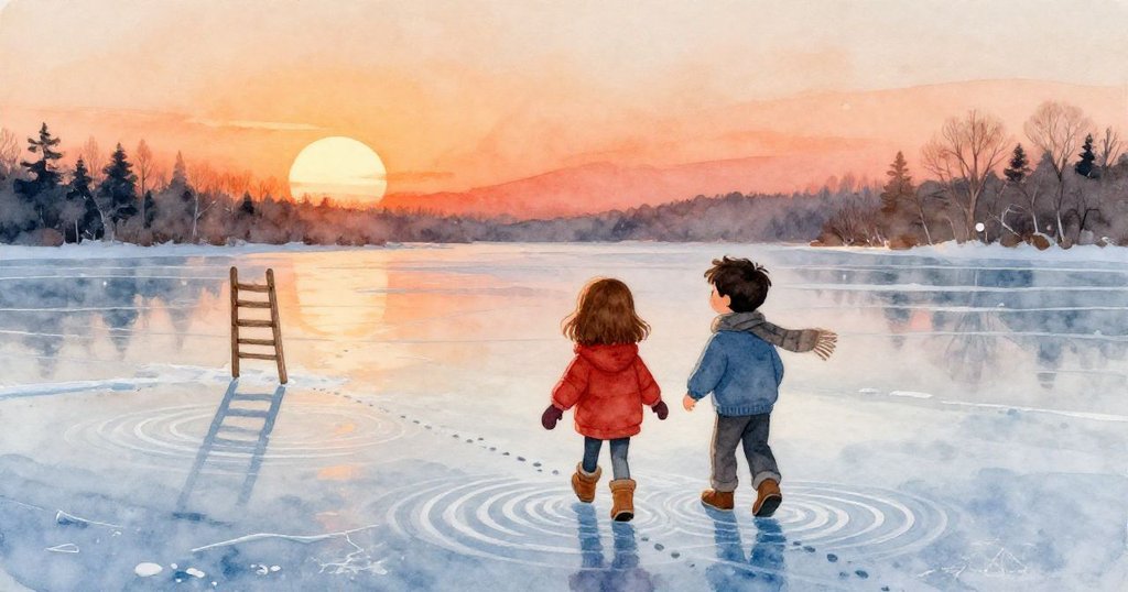 June 與 Theo 正沿著留下的足跡走回木梯，背景中冰面漸顯整齊波紋，夕陽餘暉中冒險仍未結束