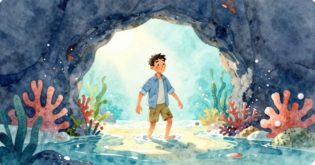 文斯踏入淺水區,穿過由珊瑚構成的天然門道,晨光閃爍,展現出探索與期待的情感。