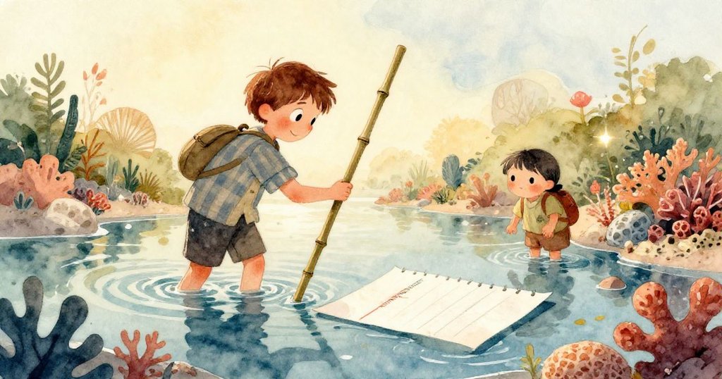 文斯專注地觸摸刻有水位記號的磨損竹竿,展現出細膩的探索精神和對工具的珍惜。