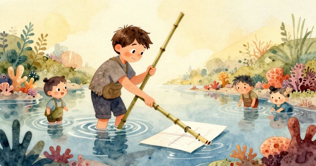 文斯發現竹竿輕微傾斜,水中透明魷魚和藏於破貝中的章魚點綴畫面,營造出神秘海底情境。