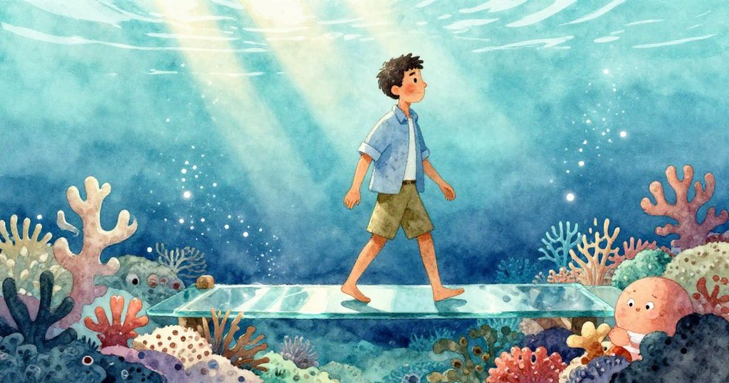 文斯踏上廣闊珊瑚平臺,小心翼翼如履薄冰,水光與珊瑚交織出奇幻的海底景致。