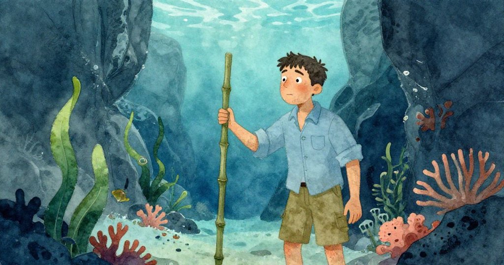 文斯在狹窄珊瑚溝前陷入沉思,轉握竹竿,面露猶豫與決心,展開探險新抉擇。