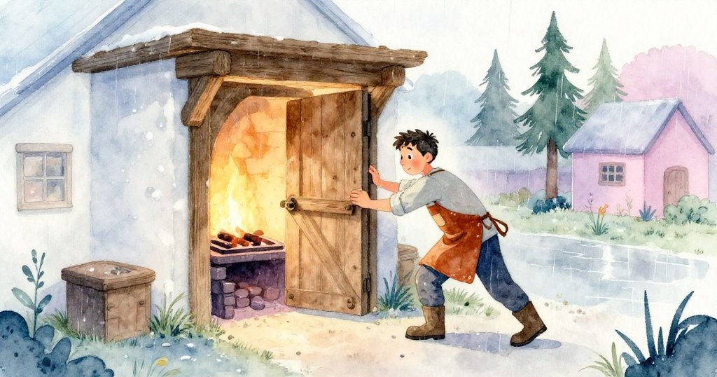 院子中Dean推動舊木門迎接暖光進入，雨水浸潤的地面與微塵環繞，展現冒險初始的期待與堅定。