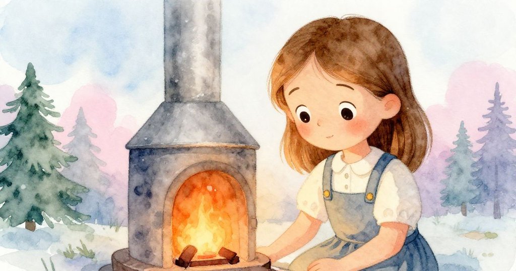 Lily在爐火溫柔的橙色光影中，專注凝望著金屬變幻，臉上流露出驚奇與靜謐的好奇心。