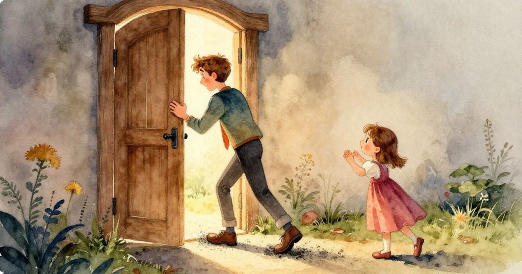 透過半掩門縫窺視，見到發光金屬條與翻湧蒸汽及鐵匠工具，展現工坊中神秘和精細的工藝。