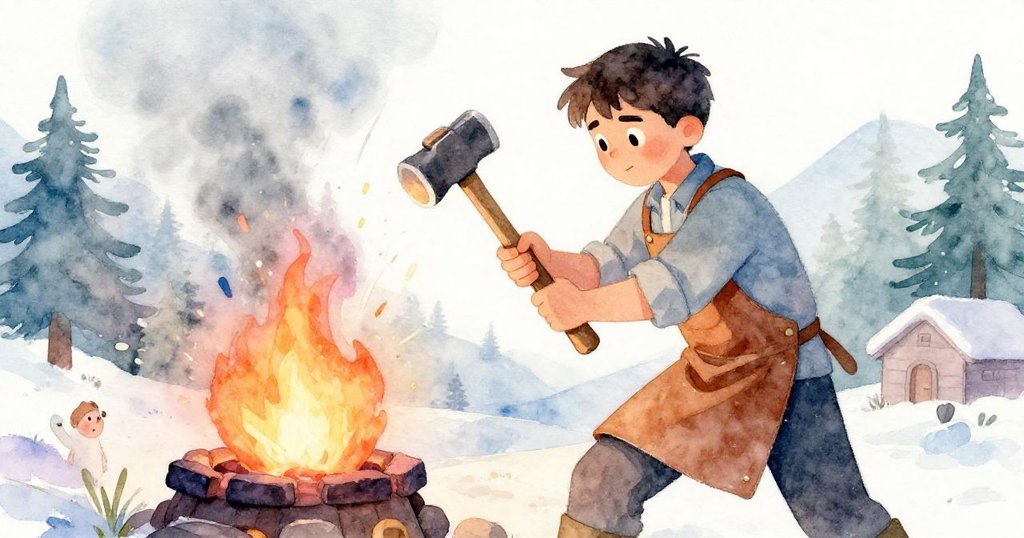 Dean在火爐中揮動鐵錘，動態軌跡與火花交織，表現出刻苦專注與工坊熱情，動作充滿力量。