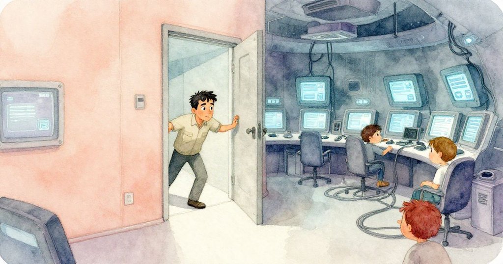 肯特推門進入陰暗的ROV控制室,藍光與電子設備映襯出神秘氛圍,臉上顯示專注期待感。