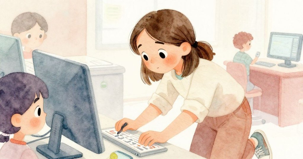 艾薇穿著休閒工作服輕鬆檢查系統,眼神專注充滿好奇,在藍光映襯下呈現細膩情緒。