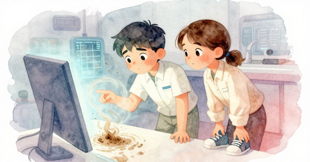 顯示器呈現下方海底沉積物與網格斜視圖,肯特與艾薇注視著數據流動,表情充滿驚訝與好奇。