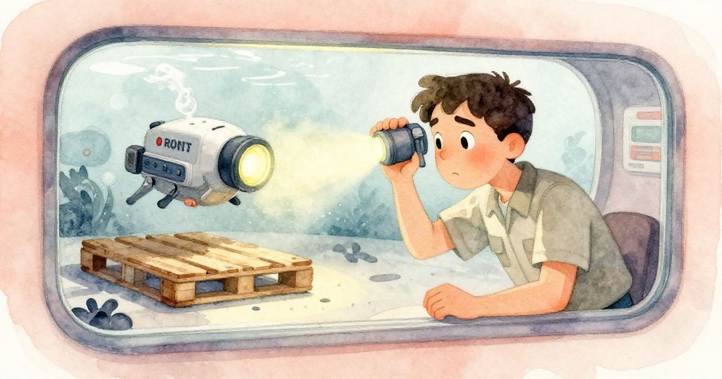 透過玻璃窗隱約見到海底貨物與燈光掃射,肯特操作時神情謹慎,探索未知角落。