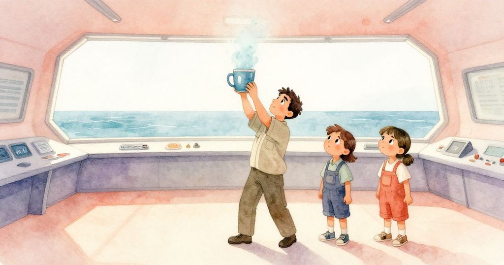 從遠處俯瞰整個ROV控制室與外部海洋,肯特舉著反光杯,艾薇靜觀全局,營造出平靜結局與連續情景。