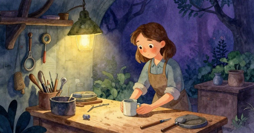 在柔和燈光映照的工作坊內，Gwen正專注地將馬克杯放到工作桌上，背景中工具整齊，流露出寧靜與期待。