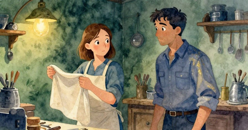 在溫暖燈光下的工作坊中，Rafe手持亞麻布悄然入場，背景層次豐富，Gwen專注處理樹脂，環境充滿細節。